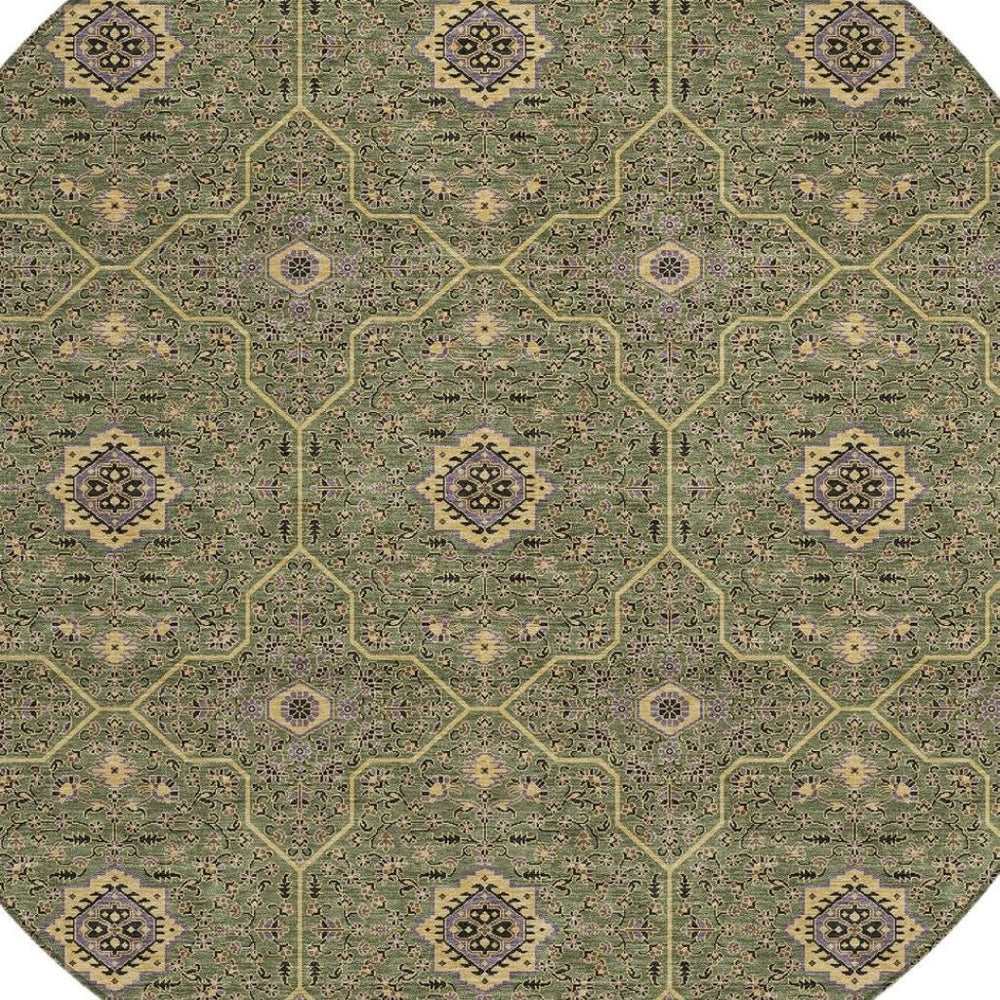 HomeRoots 8' Olive Green Round Area Rug - Gold & Black Oriental Design, Washable for Indoor & Outdoor Use 690875