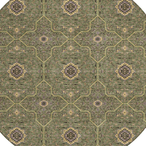 HomeRoots 8' Olive Green Round Area Rug - Gold & Black Oriental Design, Washable for Indoor & Outdoor Use 690875