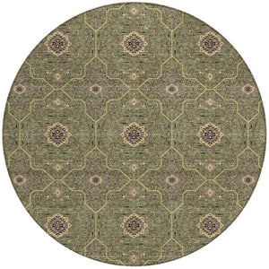 HomeRoots 8' Olive Green Round Area Rug - Gold & Black Oriental Design, Washable for Indoor & Outdoor Use 690875