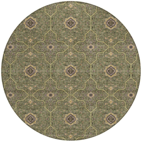 HomeRoots 8' Olive Green Round Area Rug - Gold & Black Oriental Design, Washable for Indoor & Outdoor Use 690875