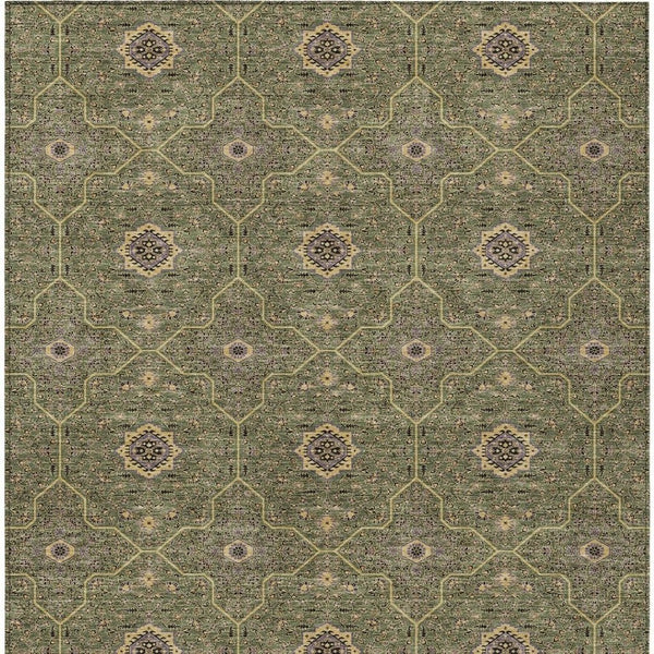 HomeRoots 9' X 12' Washable Olive Green, Gold & Black Oriental Area Rug for Indoor & Outdoor Elegance 690877