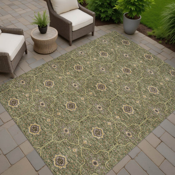 HomeRoots 9' X 12' Washable Olive Green, Gold & Black Oriental Area Rug for Indoor & Outdoor Elegance 690877