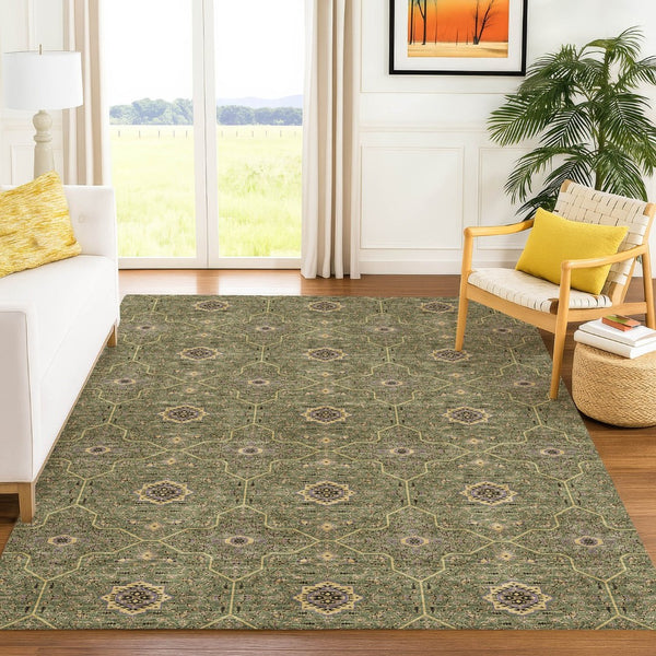 HomeRoots 10' Olive Green Gold & Black Oriental Washable Area Rug - Durable Indoor/Outdoor Charm for High-Traffic Spaces 690878