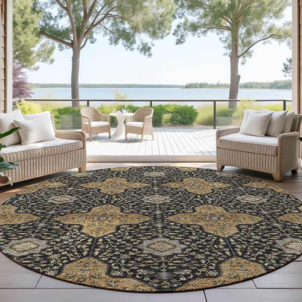 HomeRoots 8' Round Quatrefoil Area Rug in Black, Copper & Gray - Washable, Stain-Resistant Indoor/Outdoor Decor 690881