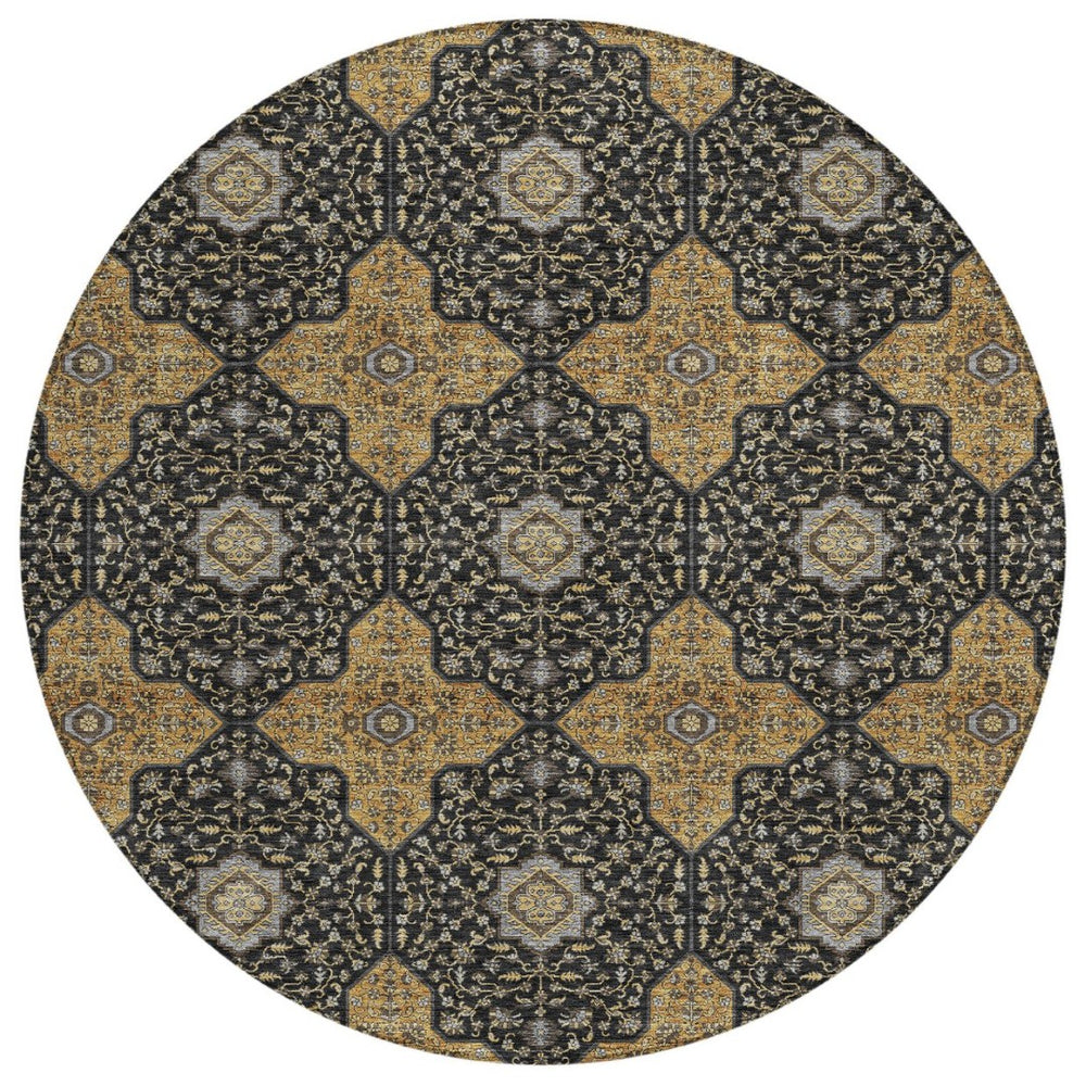 HomeRoots 8' Round Quatrefoil Area Rug in Black, Copper & Gray - Washable, Stain-Resistant Indoor/Outdoor Decor 690881