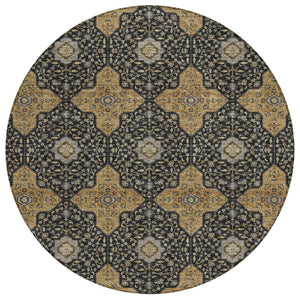 HomeRoots 8' Round Quatrefoil Area Rug in Black, Copper & Gray - Washable, Stain-Resistant Indoor/Outdoor Decor 690881