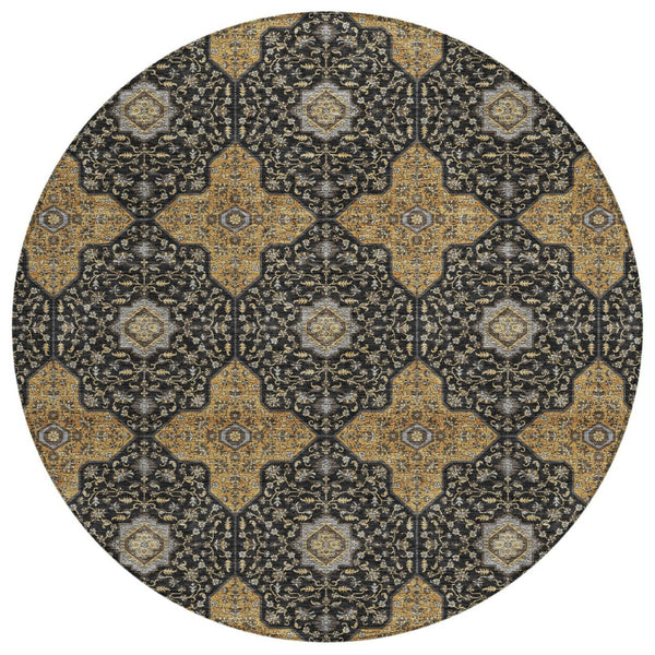 HomeRoots 8' Round Quatrefoil Area Rug in Black, Copper & Gray - Washable, Stain-Resistant Indoor/Outdoor Decor 690881