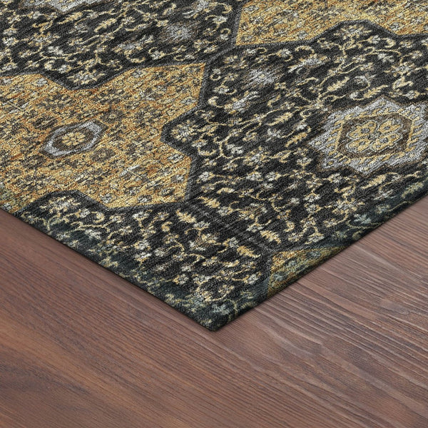 HomeRoots 8' Round Quatrefoil Area Rug in Black, Copper & Gray - Washable, Stain-Resistant Indoor/Outdoor Decor 690881