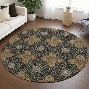 HomeRoots 8' Round Quatrefoil Area Rug in Black, Copper & Gray - Washable, Stain-Resistant Indoor/Outdoor Decor 690881