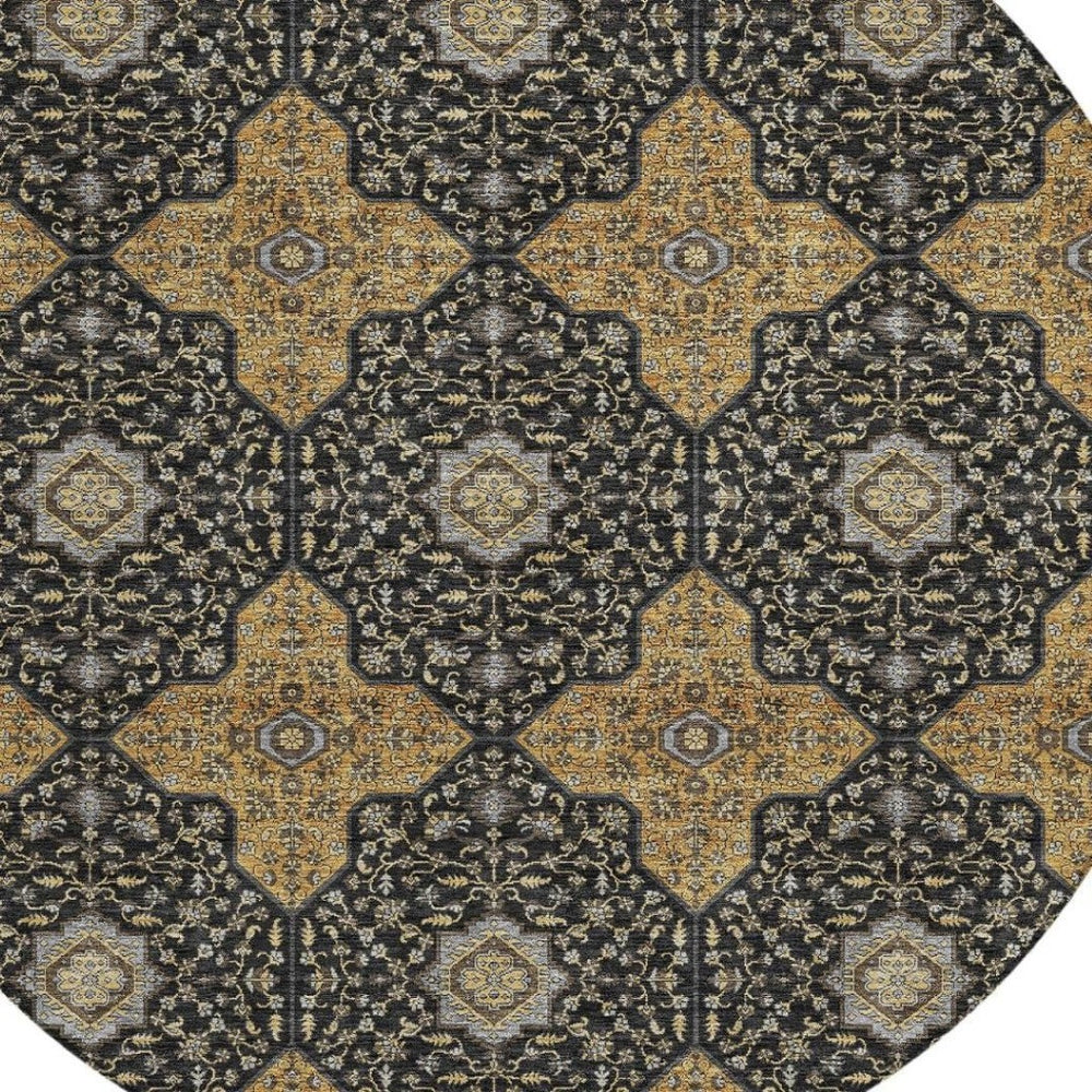 HomeRoots 8' Round Quatrefoil Area Rug in Black, Copper & Gray - Washable, Stain-Resistant Indoor/Outdoor Decor 690881