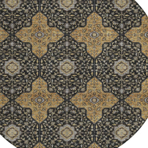 HomeRoots 8' Round Quatrefoil Area Rug in Black, Copper & Gray - Washable, Stain-Resistant Indoor/Outdoor Decor 690881