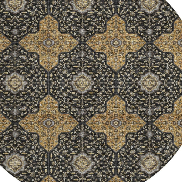 HomeRoots 8' Round Quatrefoil Area Rug in Black, Copper & Gray - Washable, Stain-Resistant Indoor/Outdoor Decor 690881