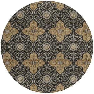 HomeRoots 8' Round Quatrefoil Area Rug in Black, Copper & Gray - Washable, Stain-Resistant Indoor/Outdoor Decor 690881
