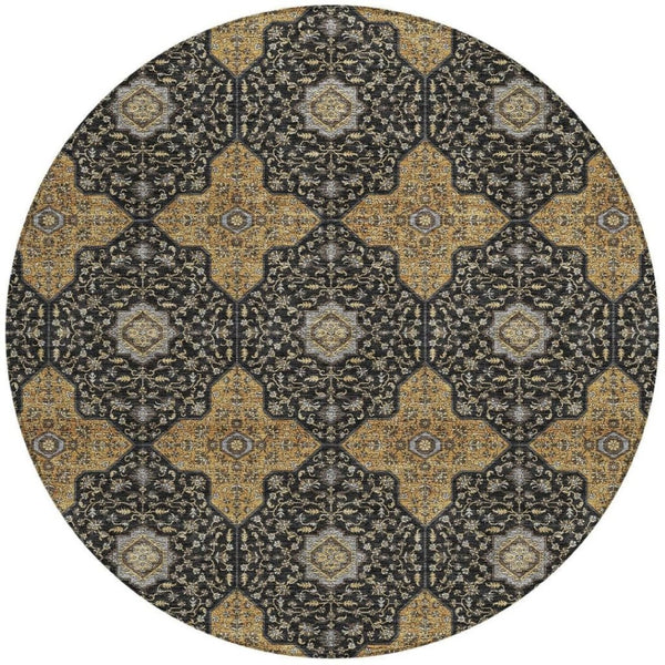 HomeRoots 8' Round Quatrefoil Area Rug in Black, Copper & Gray - Washable, Stain-Resistant Indoor/Outdoor Decor 690881