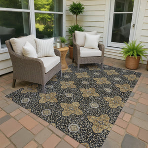 HomeRoots 9' X 12' Quatrefoil Washable Area Rug in Black, Copper & Gray - Durable, Stylish for Indoor/Outdoor Use 690883