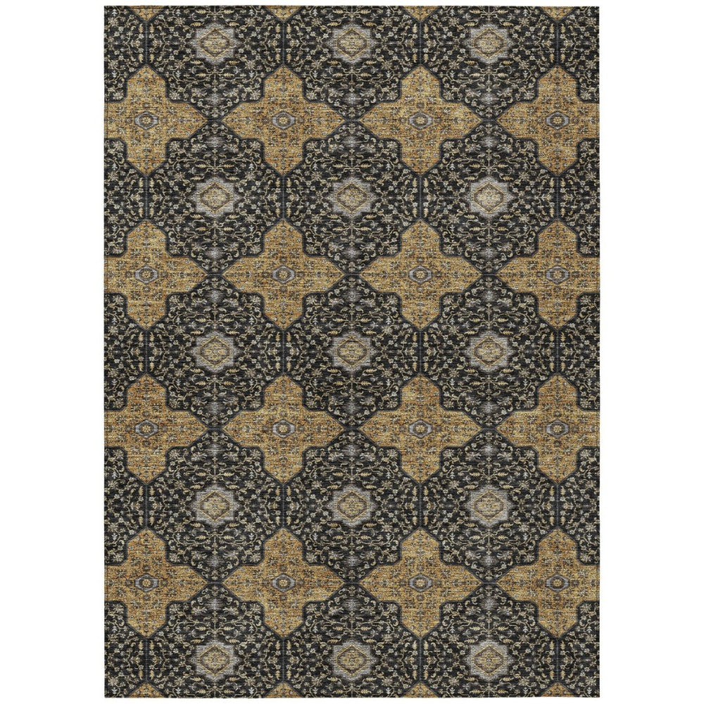 HomeRoots 9' X 12' Quatrefoil Washable Area Rug in Black, Copper & Gray - Durable, Stylish for Indoor/Outdoor Use 690883
