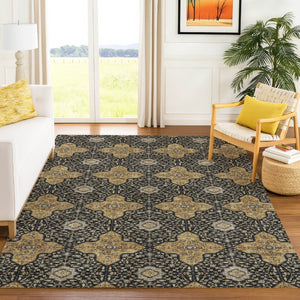 HomeRoots 9' X 12' Quatrefoil Washable Area Rug in Black, Copper & Gray - Durable, Stylish for Indoor/Outdoor Use 690883