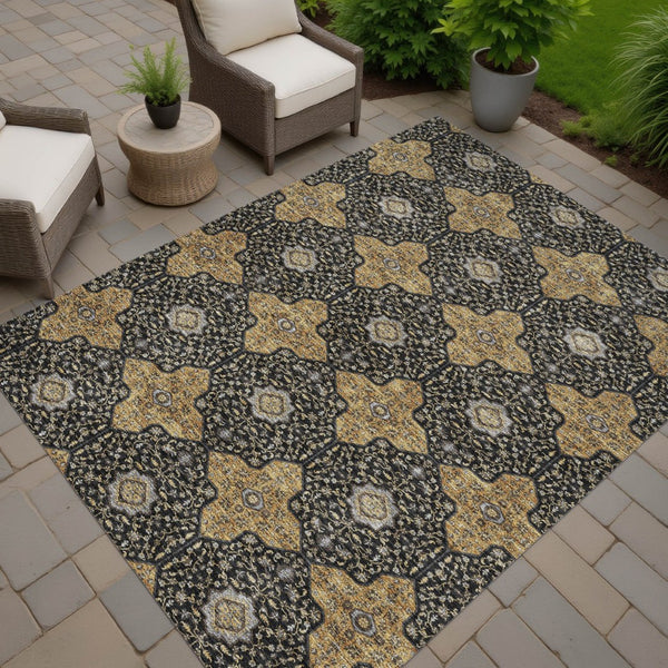 HomeRoots 9' X 12' Quatrefoil Washable Area Rug in Black, Copper & Gray - Durable, Stylish for Indoor/Outdoor Use 690883