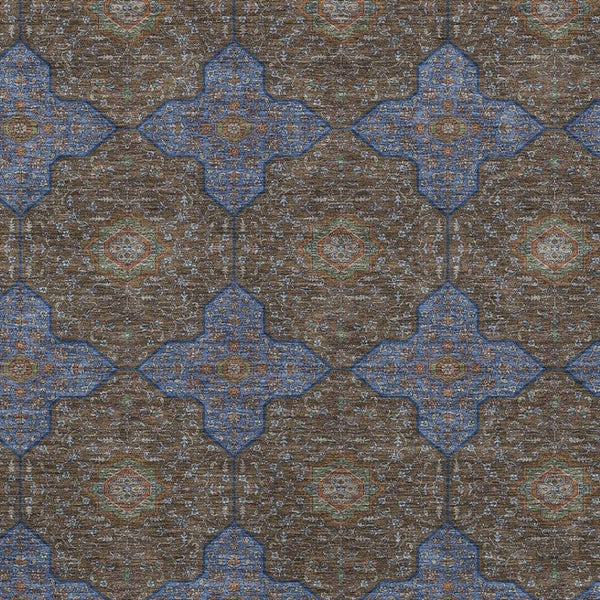 HomeRoots 5' X 8' Quatrefoil Area Rug in Chocolate, Blue & Beige – Washable, Durable for Indoor & Outdoor Use! 690886