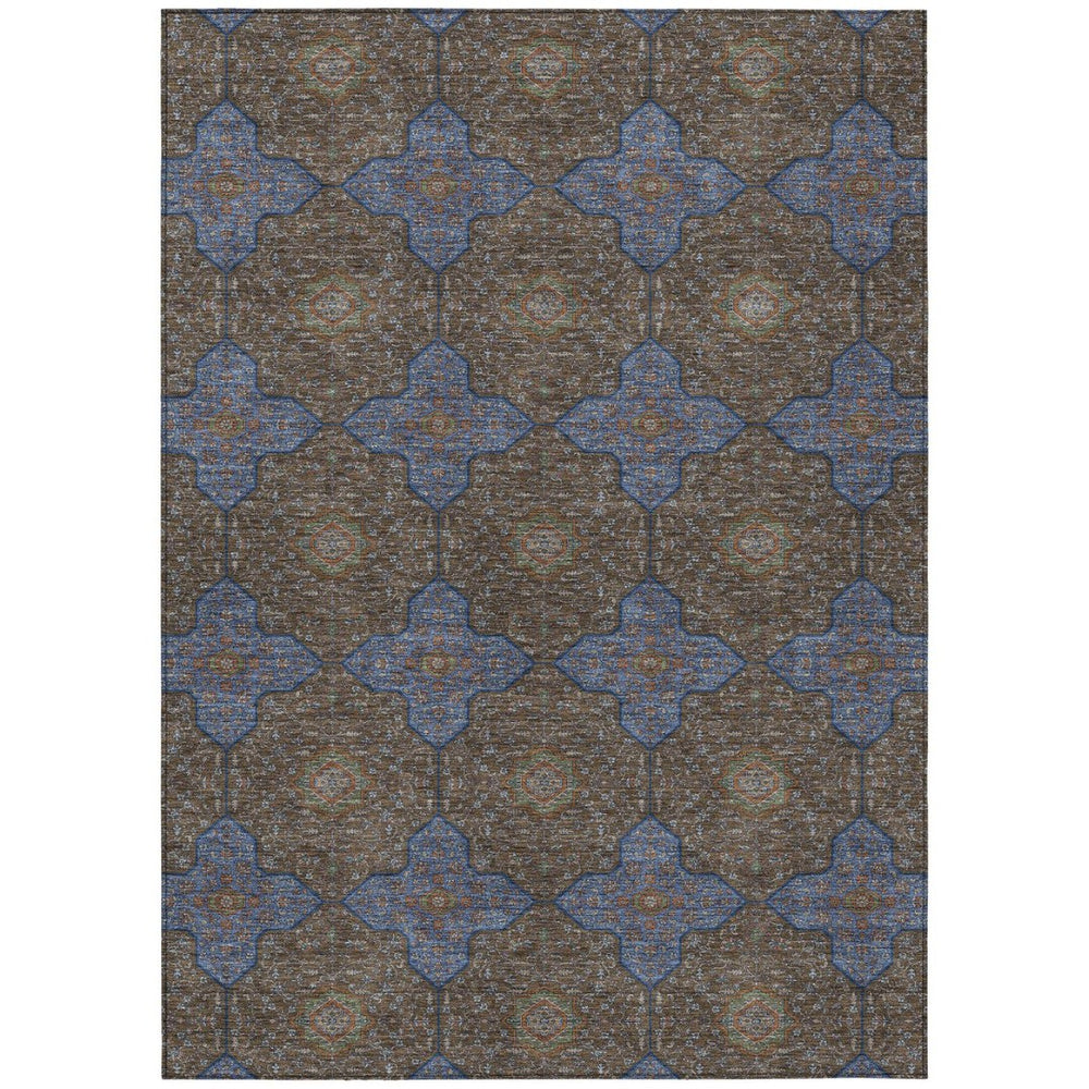 HomeRoots 5' X 8' Quatrefoil Area Rug in Chocolate, Blue & Beige – Washable, Durable for Indoor & Outdoor Use! 690886