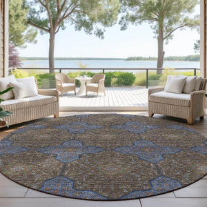 HomeRoots 8' Elegant Chocolate, Blue & Beige Round Quatrefoil Area Rug - Washable for Indoor & Outdoor Use! 690887