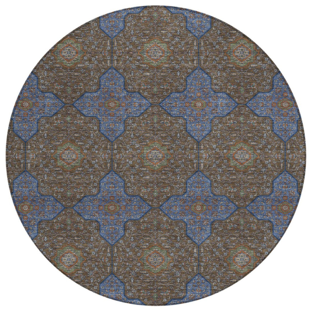 HomeRoots 8' Elegant Chocolate, Blue & Beige Round Quatrefoil Area Rug - Washable for Indoor & Outdoor Use! 690887
