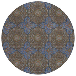 HomeRoots 8' Elegant Chocolate, Blue & Beige Round Quatrefoil Area Rug - Washable for Indoor & Outdoor Use! 690887