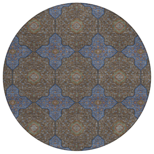 HomeRoots 8' Elegant Chocolate, Blue & Beige Round Quatrefoil Area Rug - Washable for Indoor & Outdoor Use! 690887