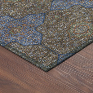HomeRoots 8' Elegant Chocolate, Blue & Beige Round Quatrefoil Area Rug - Washable for Indoor & Outdoor Use! 690887