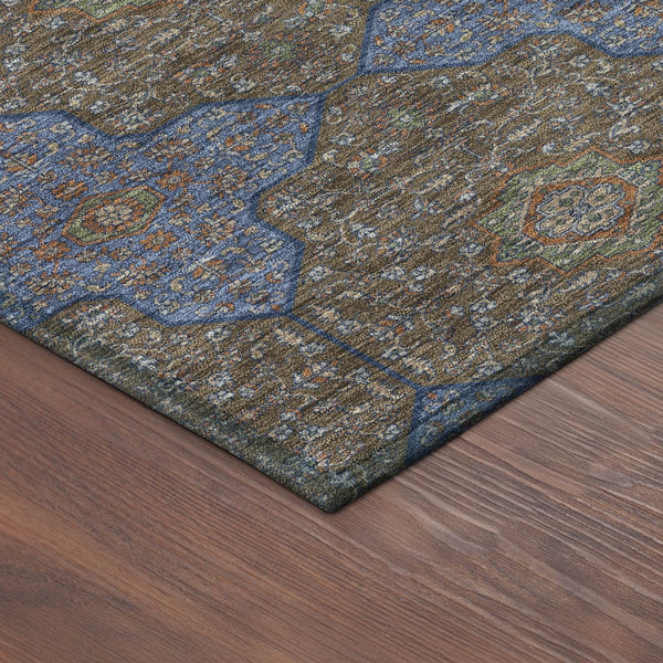 HomeRoots 8' Elegant Chocolate, Blue & Beige Round Quatrefoil Area Rug - Washable for Indoor & Outdoor Use! 690887