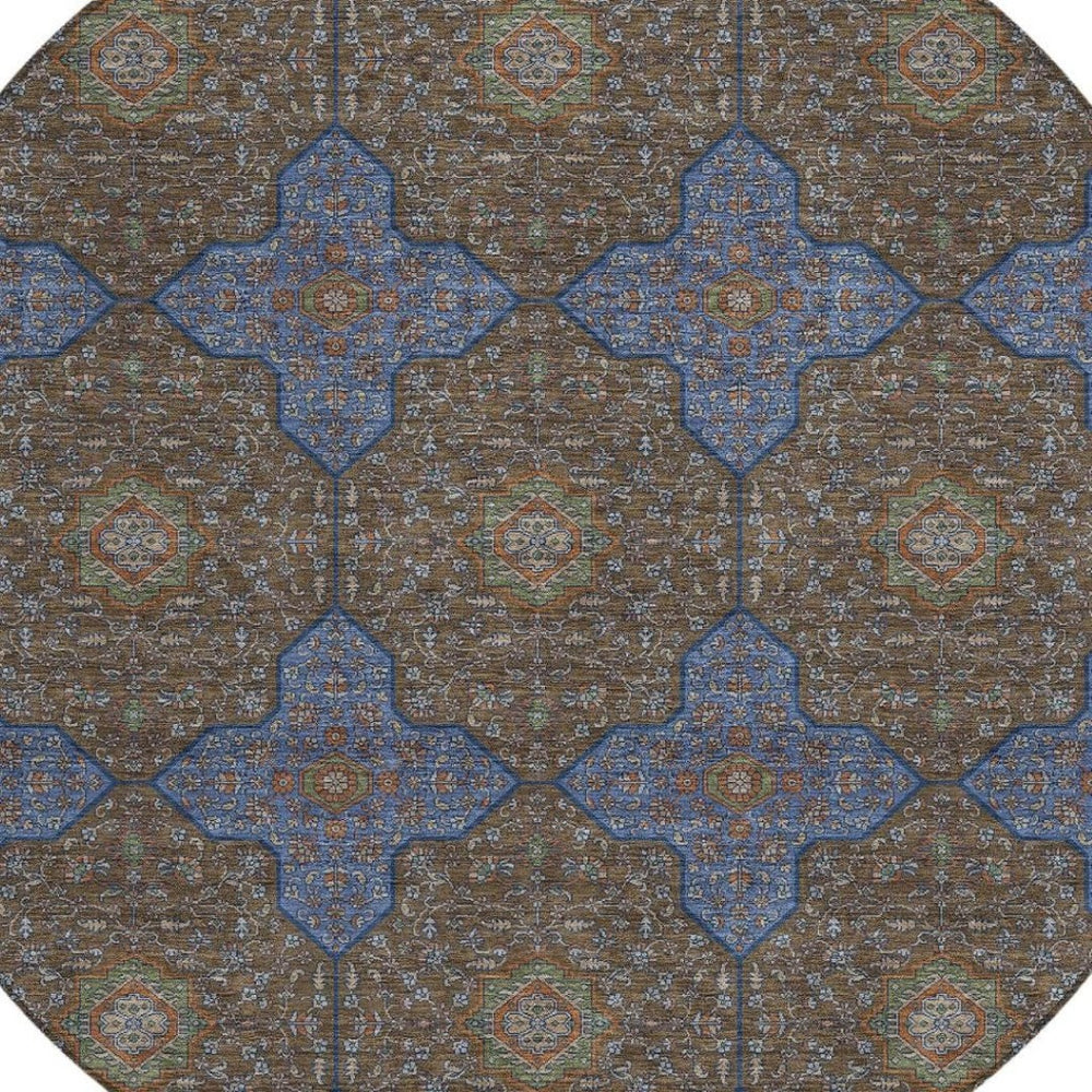 HomeRoots 8' Elegant Chocolate, Blue & Beige Round Quatrefoil Area Rug - Washable for Indoor & Outdoor Use! 690887