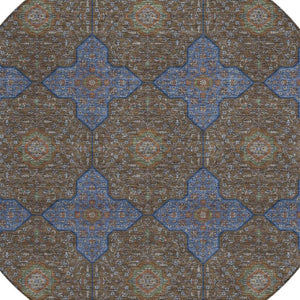 HomeRoots 8' Elegant Chocolate, Blue & Beige Round Quatrefoil Area Rug - Washable for Indoor & Outdoor Use! 690887