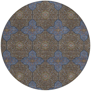 HomeRoots 8' Elegant Chocolate, Blue & Beige Round Quatrefoil Area Rug - Washable for Indoor & Outdoor Use! 690887