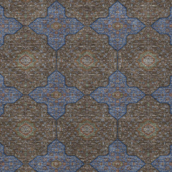 HomeRoots 10' X 14' Washable Indoor Outdoor Quatrefoil Area Rug in Chocolate, Blue & Beige for Versatile Style 690890