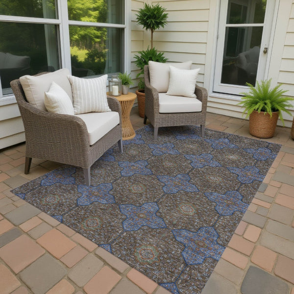 HomeRoots 10' X 14' Washable Indoor Outdoor Quatrefoil Area Rug in Chocolate, Blue & Beige for Versatile Style 690890