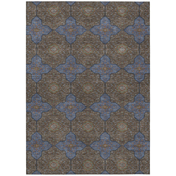 HomeRoots 10' X 14' Washable Indoor Outdoor Quatrefoil Area Rug in Chocolate, Blue & Beige for Versatile Style 690890