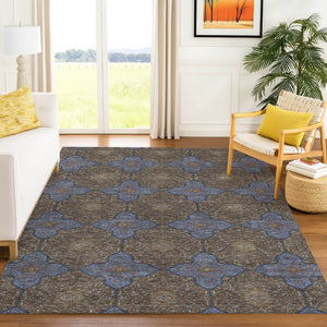 HomeRoots 10' X 14' Washable Indoor Outdoor Quatrefoil Area Rug in Chocolate, Blue & Beige for Versatile Style 690890