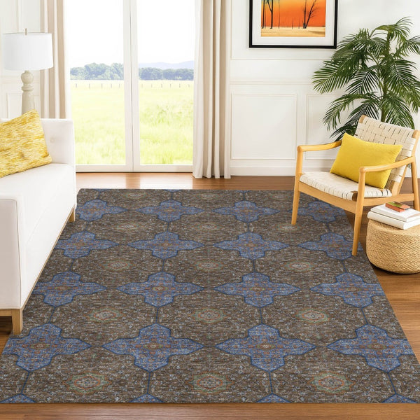 HomeRoots 10' X 14' Washable Indoor Outdoor Quatrefoil Area Rug in Chocolate, Blue & Beige for Versatile Style 690890