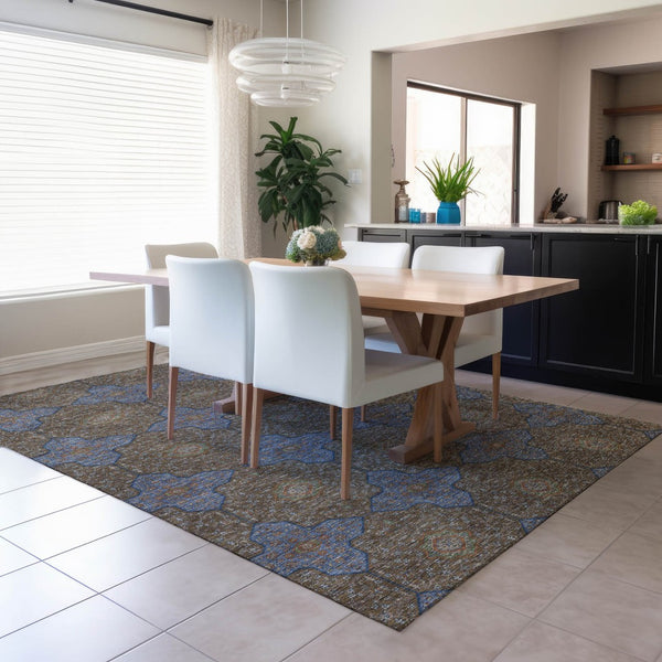 HomeRoots 10' X 14' Washable Indoor Outdoor Quatrefoil Area Rug in Chocolate, Blue & Beige for Versatile Style 690890