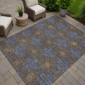 HomeRoots 10' X 14' Washable Indoor Outdoor Quatrefoil Area Rug in Chocolate, Blue & Beige for Versatile Style 690890