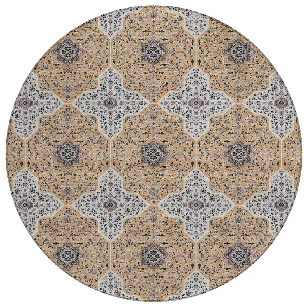 HomeRoots 8' Round Quatrefoil Rug in Copper, Silver & Black - Stylish, Washable, Indoor/Outdoor Versatile Design 690893