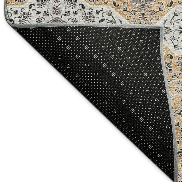 HomeRoots 8' Round Quatrefoil Rug in Copper, Silver & Black - Stylish, Washable, Indoor/Outdoor Versatile Design 690893