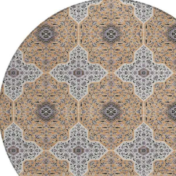 HomeRoots 8' Round Quatrefoil Rug in Copper, Silver & Black - Stylish, Washable, Indoor/Outdoor Versatile Design 690893