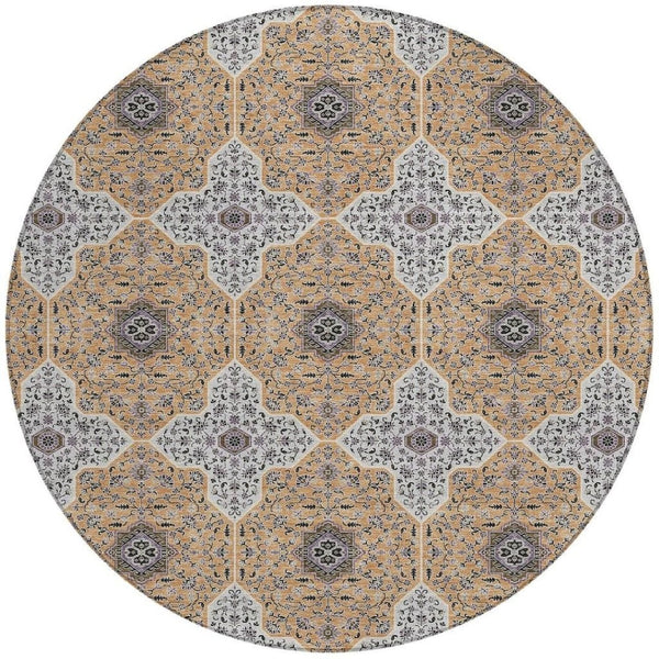HomeRoots 8' Round Quatrefoil Rug in Copper, Silver & Black - Stylish, Washable, Indoor/Outdoor Versatile Design 690893
