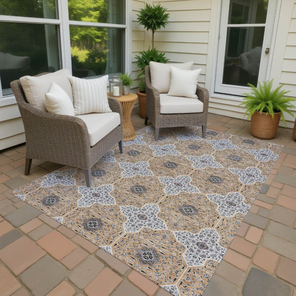 HomeRoots 9' X 12' Stylish Copper, Silver & Black Quatrefoil Rug – Washable, Durable for Indoor & Outdoor Use! 690895