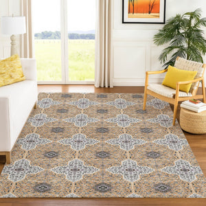 HomeRoots 9' X 12' Stylish Copper, Silver & Black Quatrefoil Rug – Washable, Durable for Indoor & Outdoor Use! 690895