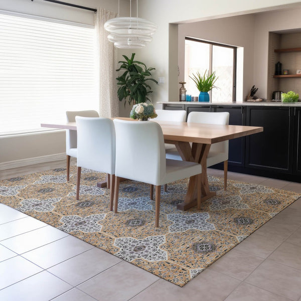 HomeRoots 9' X 12' Stylish Copper, Silver & Black Quatrefoil Rug – Washable, Durable for Indoor & Outdoor Use! 690895