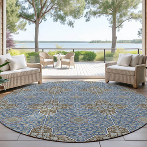 HomeRoots 8' Navy Blue and Chocolate Round Quatrefoil Area Rug - Stylish, Washable, Durable for Indoor & Outdoor Use 690899