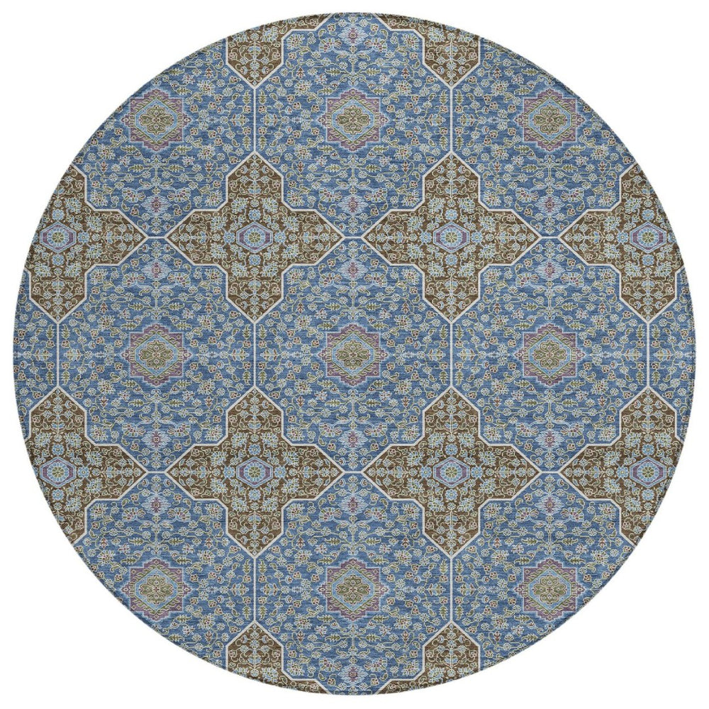 HomeRoots 8' Navy Blue and Chocolate Round Quatrefoil Area Rug - Stylish, Washable, Durable for Indoor & Outdoor Use 690899