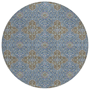 HomeRoots 8' Navy Blue and Chocolate Round Quatrefoil Area Rug - Stylish, Washable, Durable for Indoor & Outdoor Use 690899